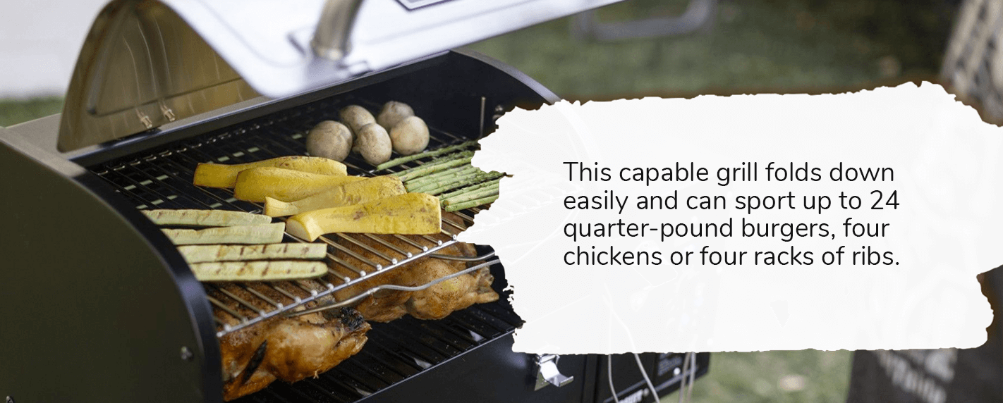 This capable grill folds down easily and can sport up to 24 quarter-pond burgers, four chickens, or four racks of ribs.